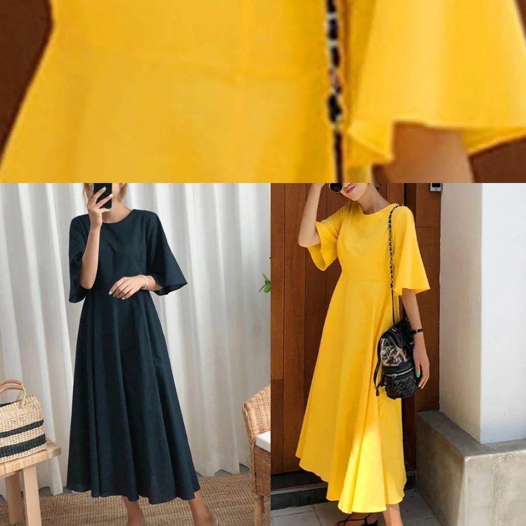 100% yellow cotton linen Long Shirts flare sleeve Bow loose summer Dress