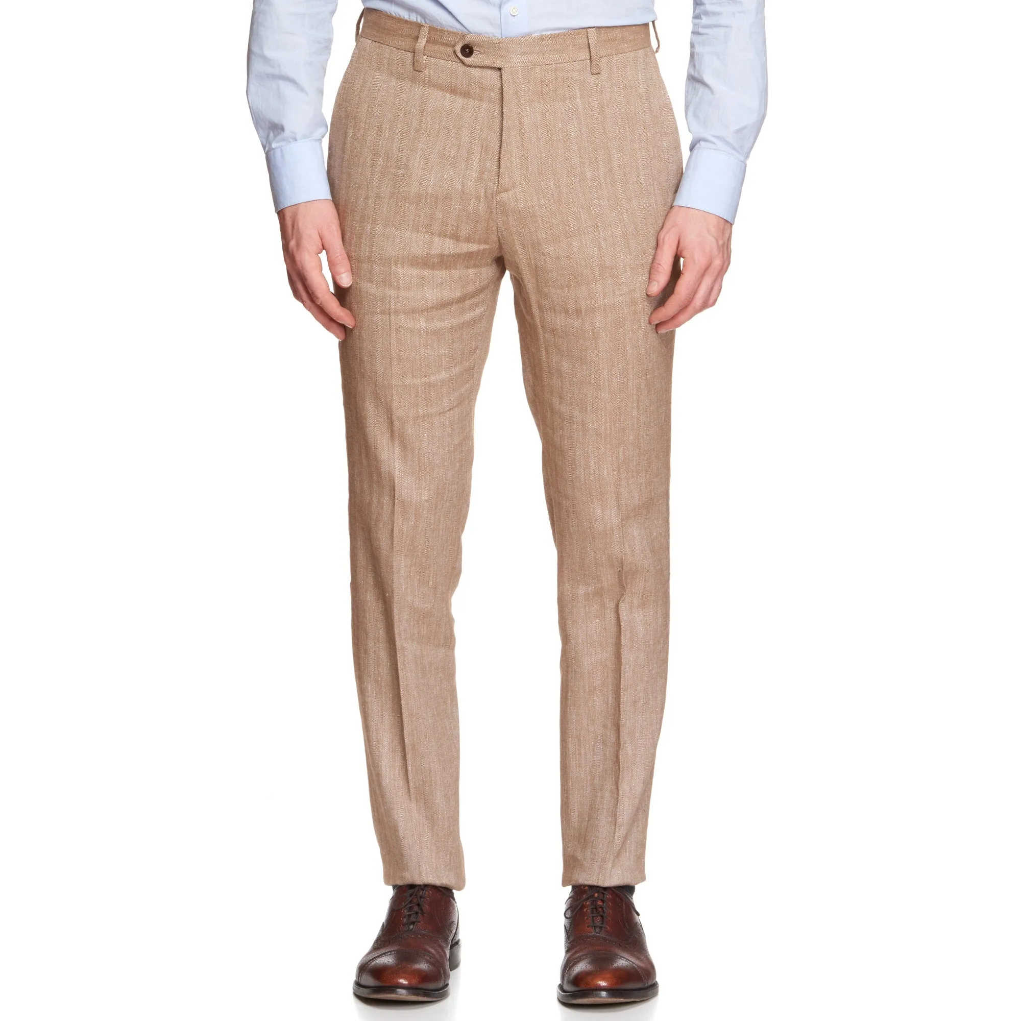 ANTÉ Napoli Tan Herringbone Linen-Cotton Unlined Suit NEW Slim Fit