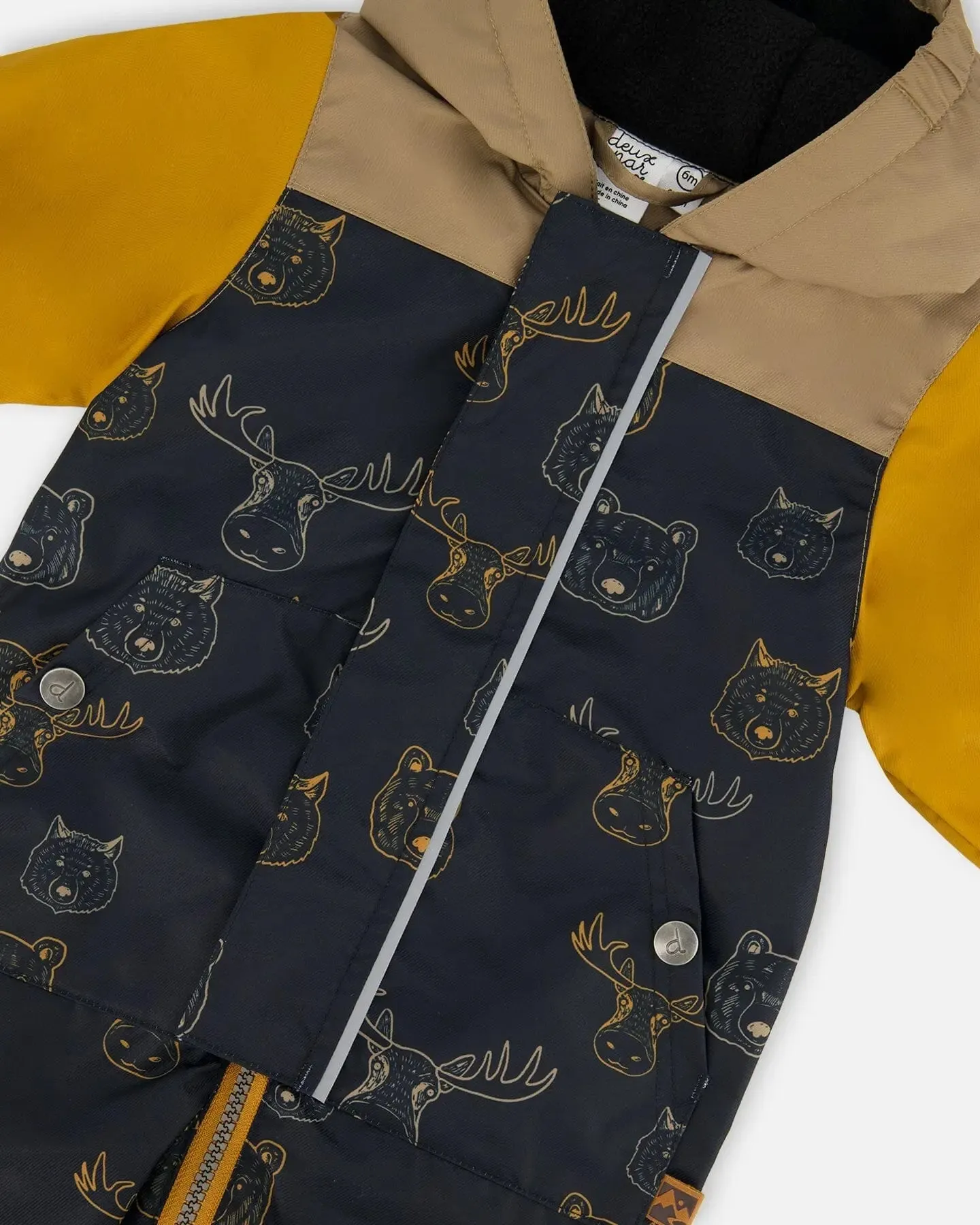 Baby Printed Mid-Season One-Piece Outerwear With Hat Beige Animals On Black Background