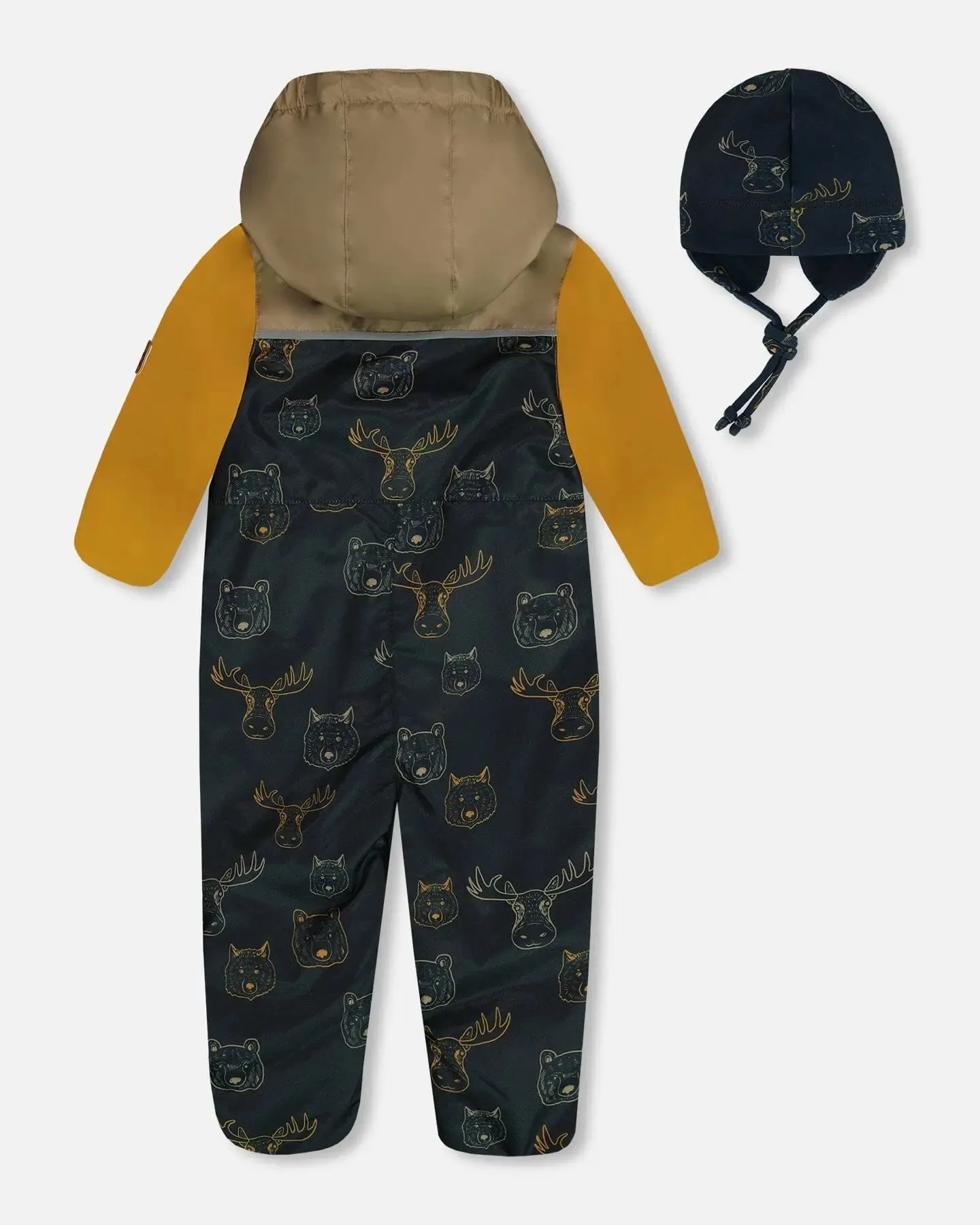 Baby Printed Mid-Season One-Piece Outerwear With Hat Beige Animals On Black Background