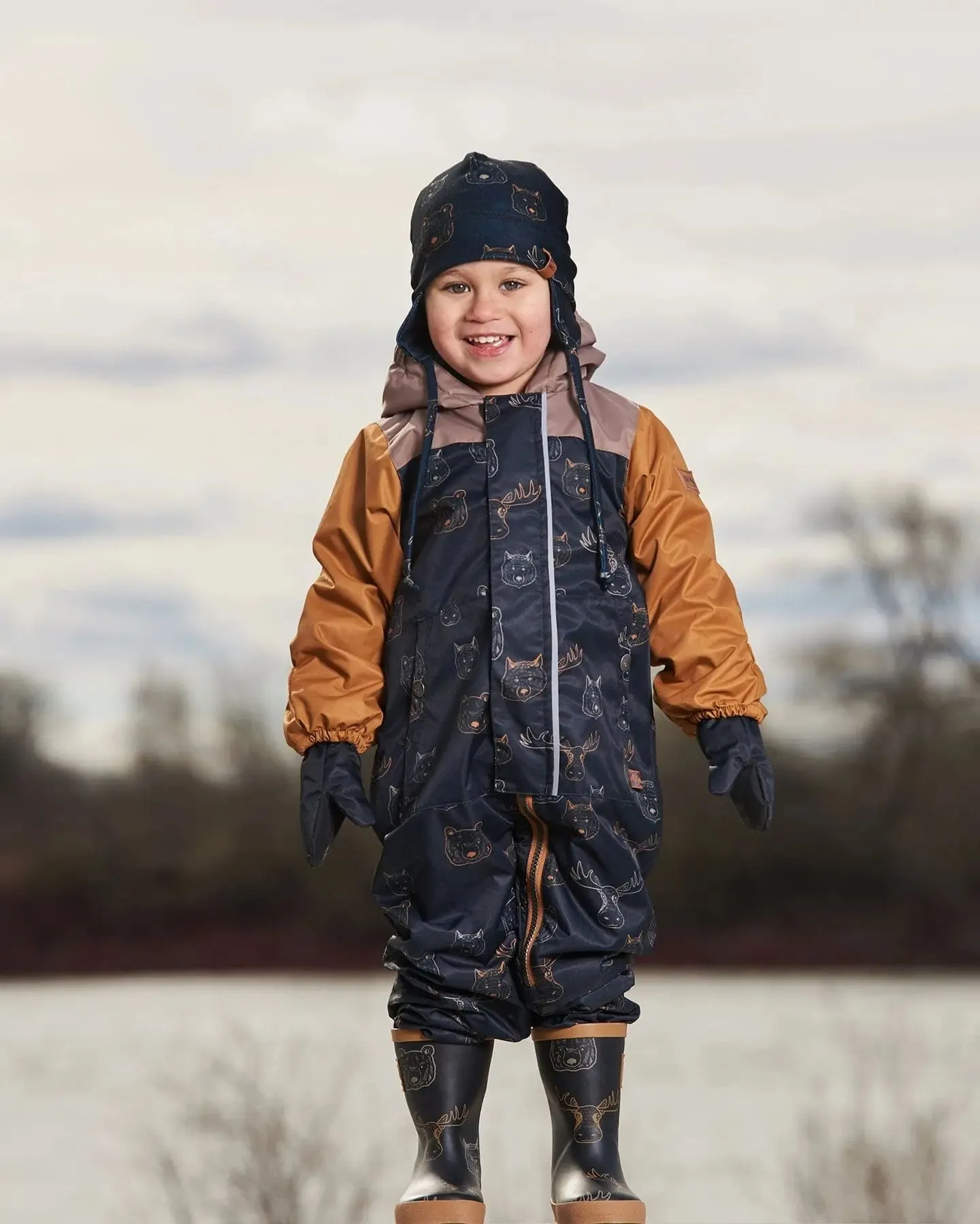 Baby Printed Mid-Season One-Piece Outerwear With Hat Beige Animals On Black Background