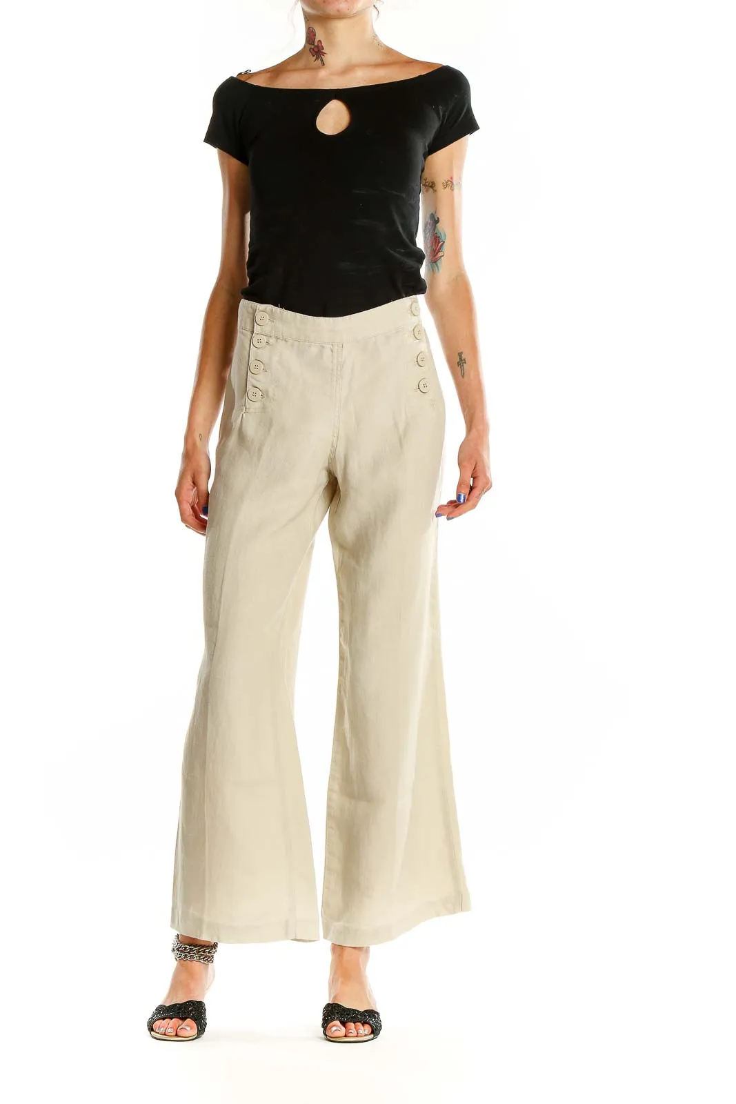 Beige Linen Wide-Leg Sailor Pants