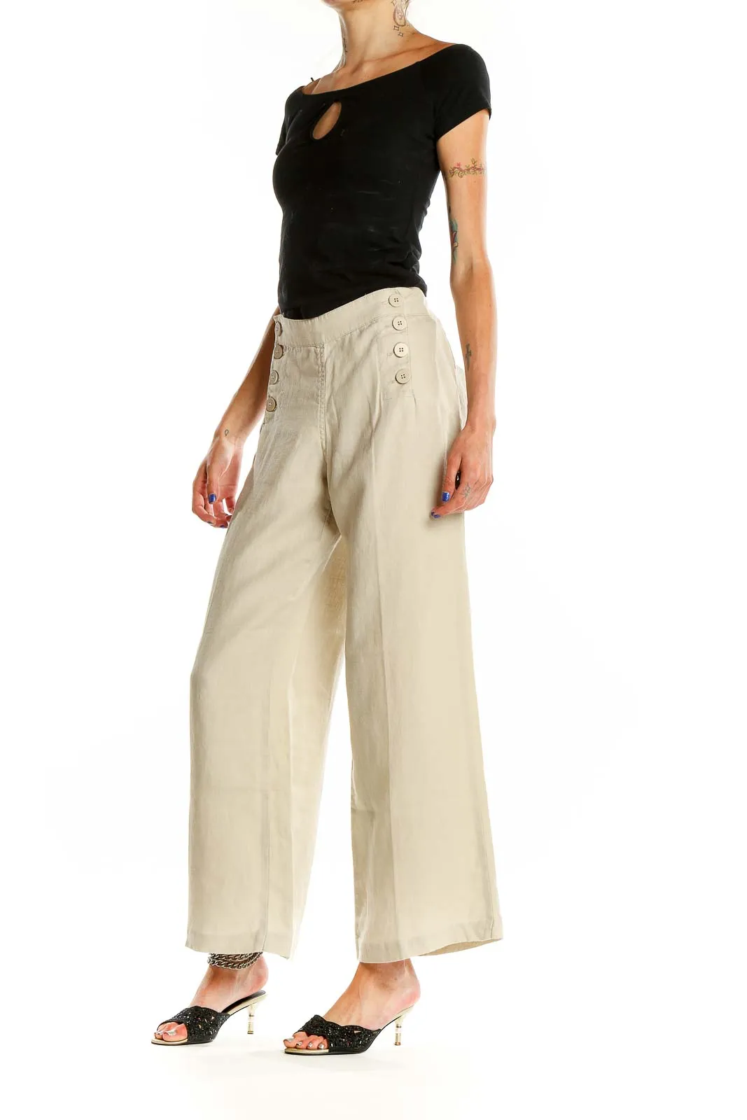 Beige Linen Wide-Leg Sailor Pants