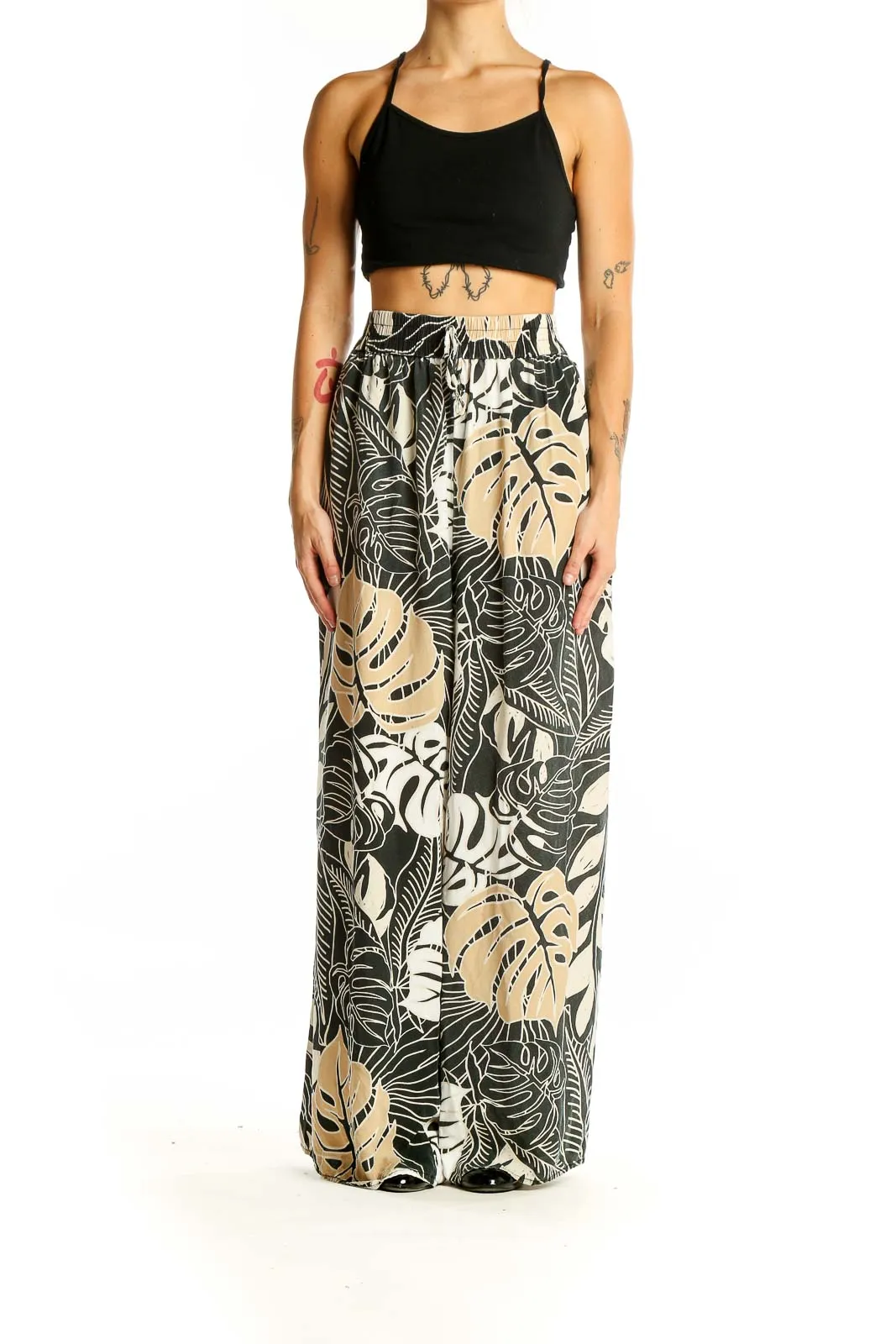 Black and Beige Tropical Print Wide-Leg Pants