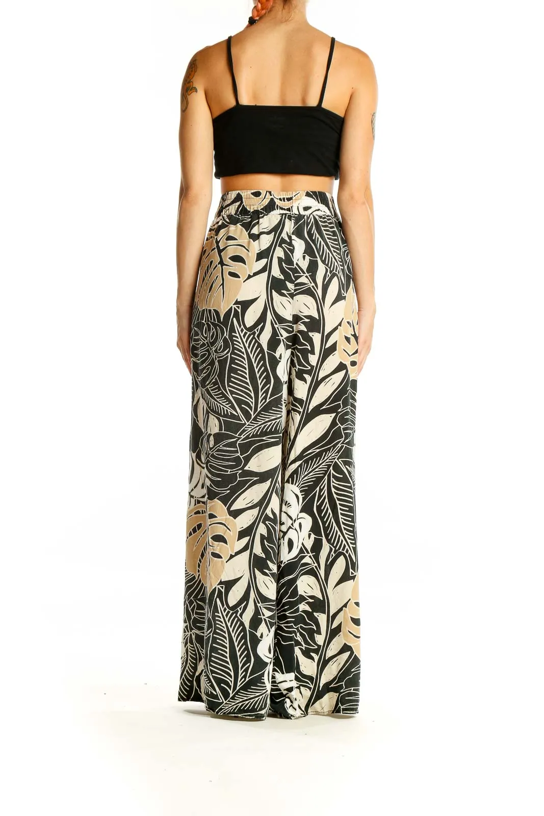 Black and Beige Tropical Print Wide-Leg Pants