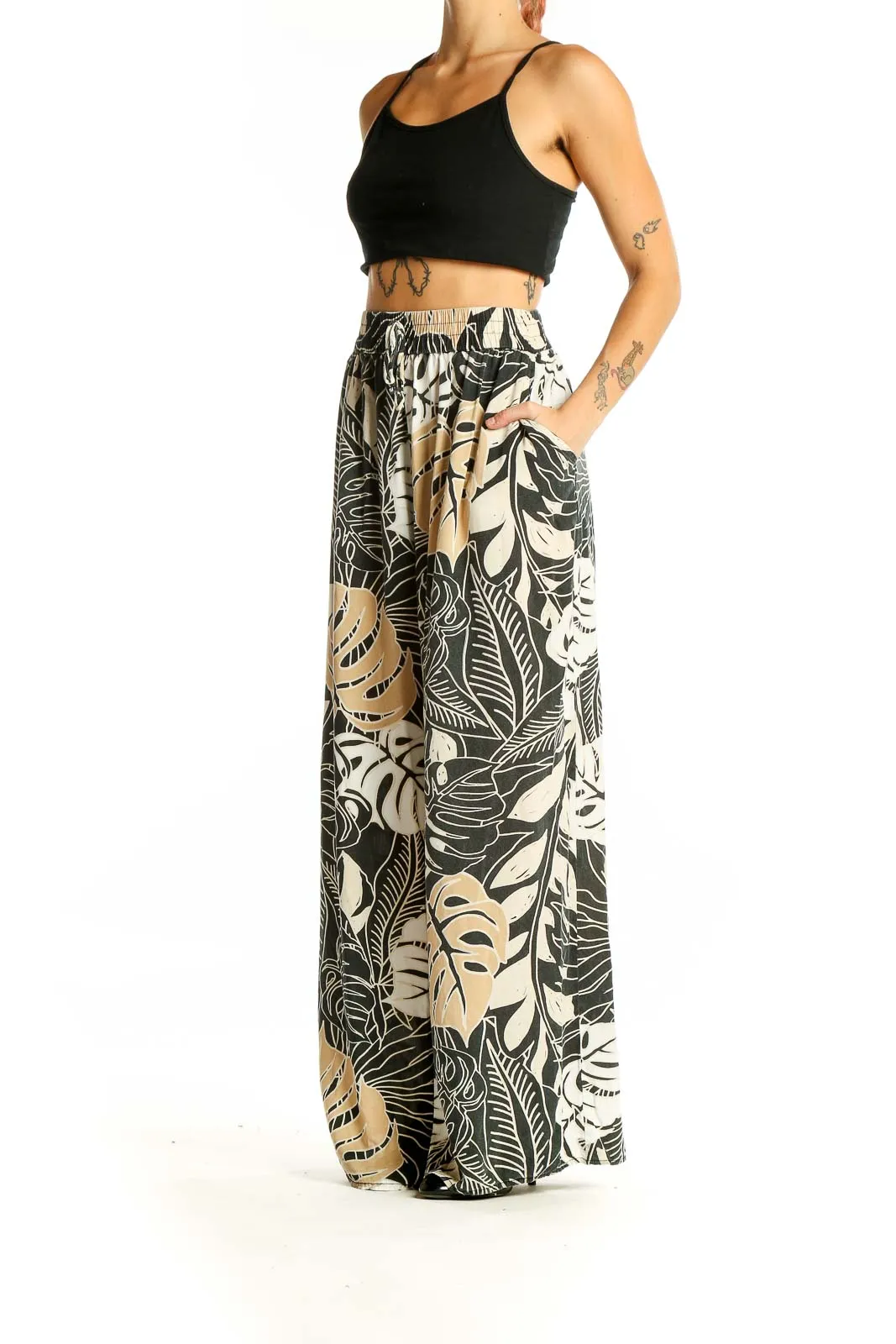 Black and Beige Tropical Print Wide-Leg Pants