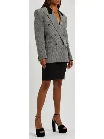 Black Checked Double-Breasted Wool Blazer with Velvet Collar