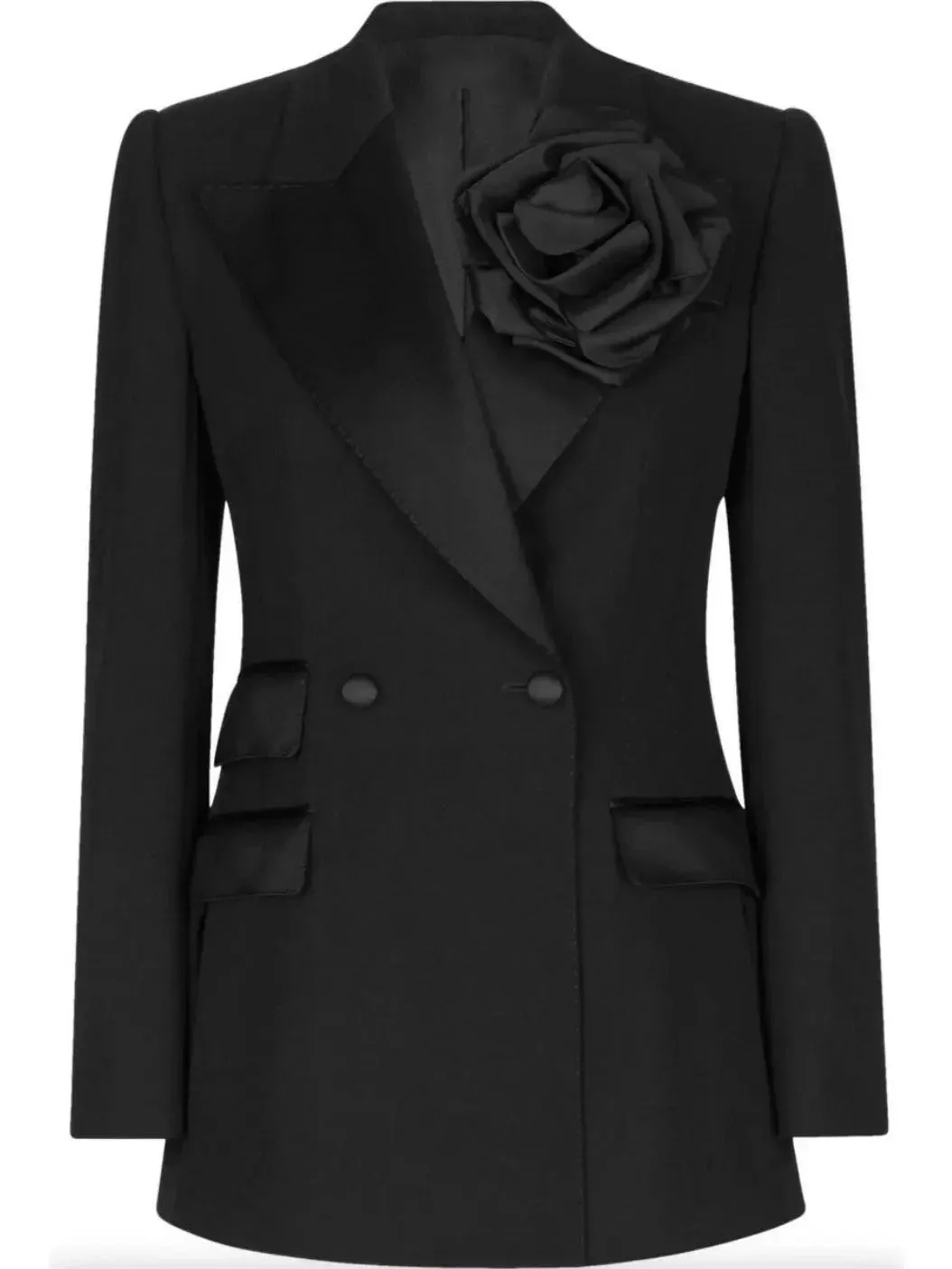 Black Double-Breasted Flower-Applique Blazer Jacket