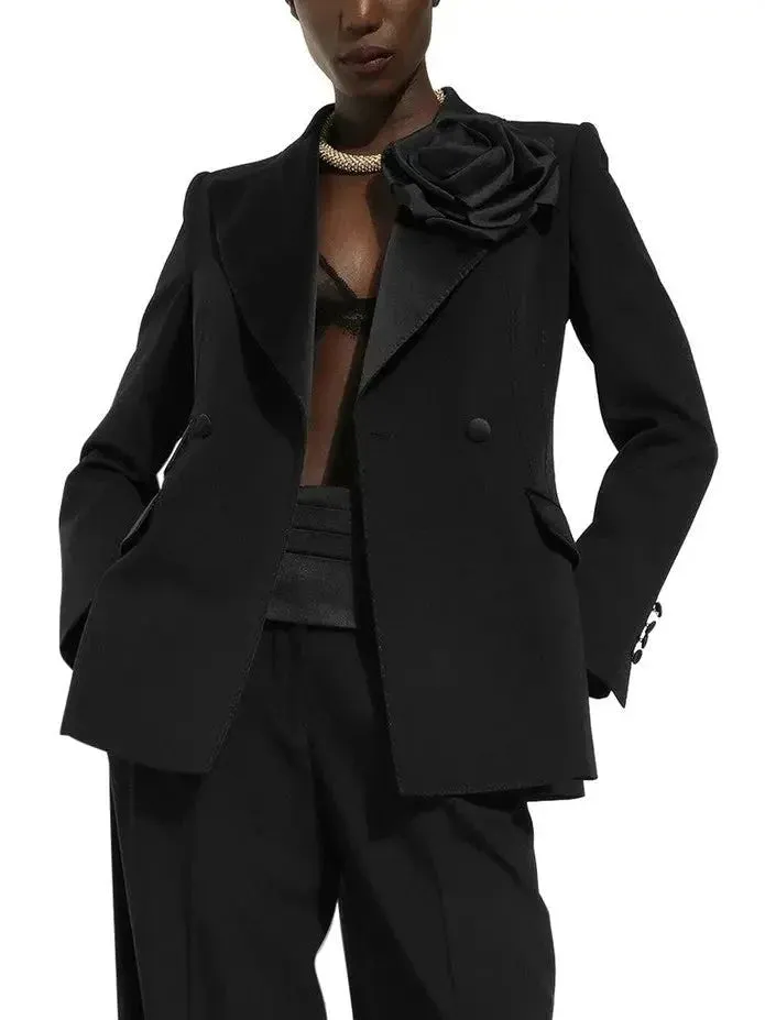 Black Double-Breasted Flower-Applique Blazer Jacket