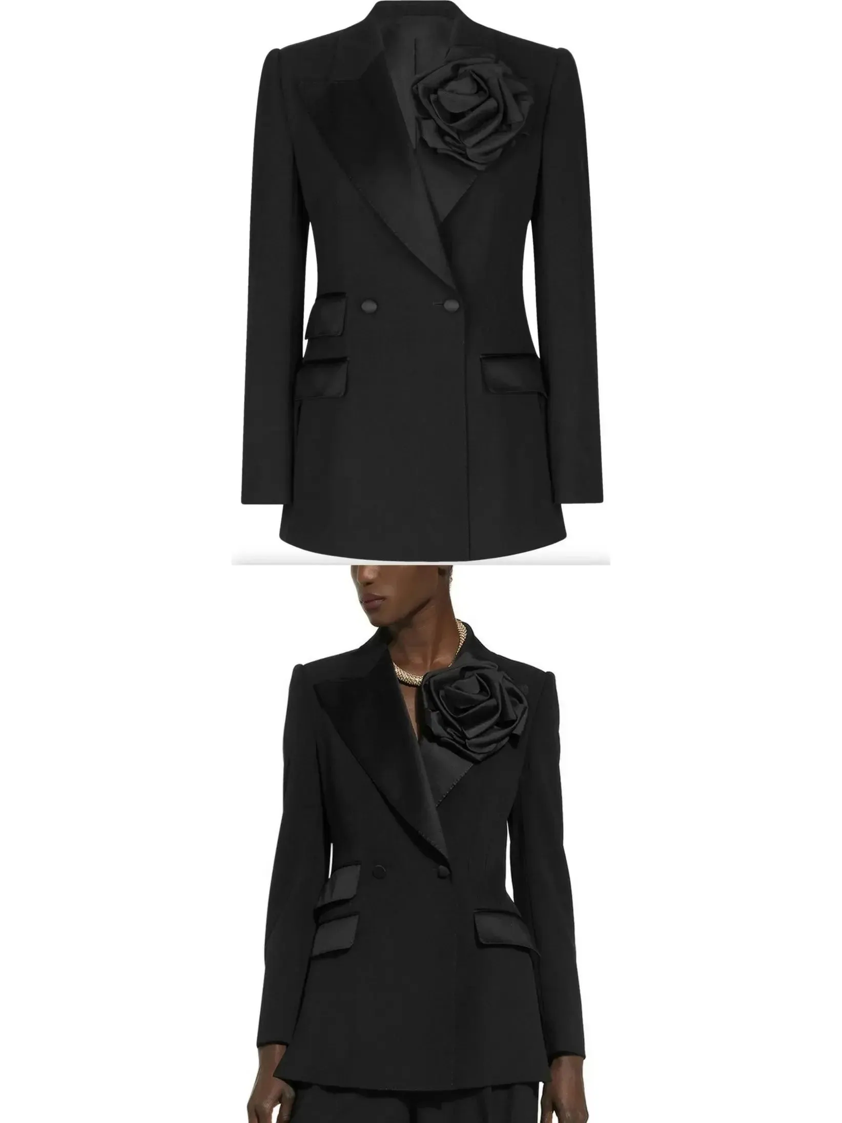 Black Double-Breasted Flower-Applique Blazer Jacket