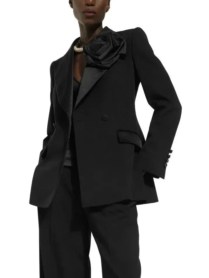 Black Double-Breasted Flower-Applique Blazer Jacket
