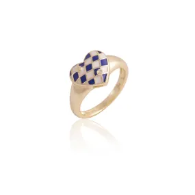 Blue & White Checked Enamel Heart Ring
