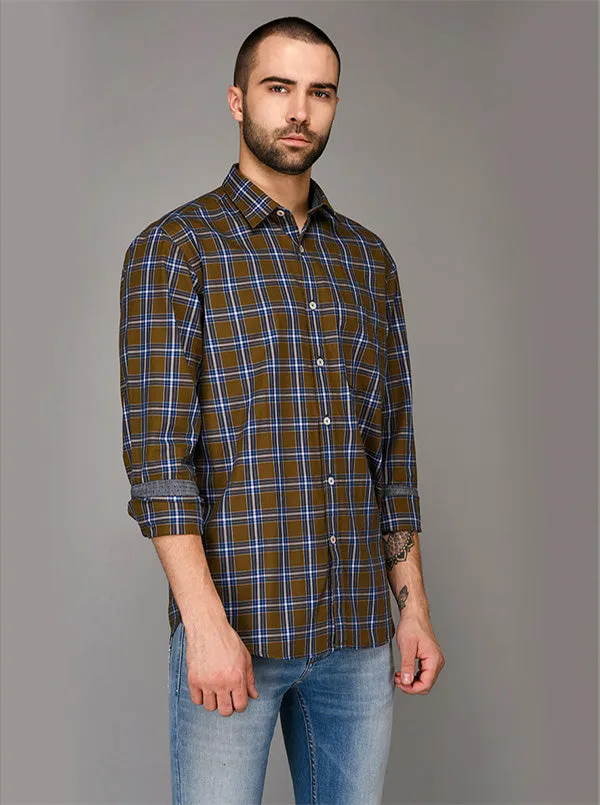 Brown & Blue Checked Slim Fit Casual Shirt | JadeBlue