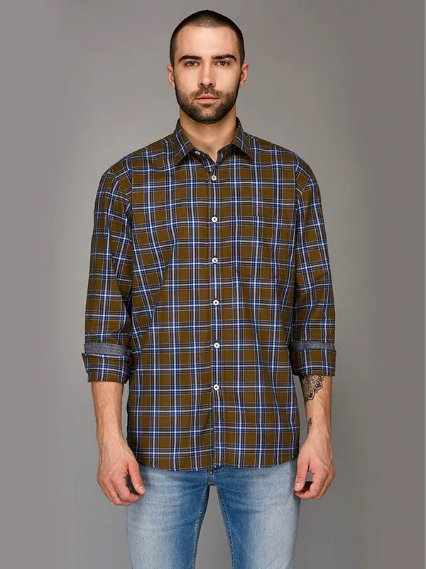 Brown & Blue Checked Slim Fit Casual Shirt | JadeBlue