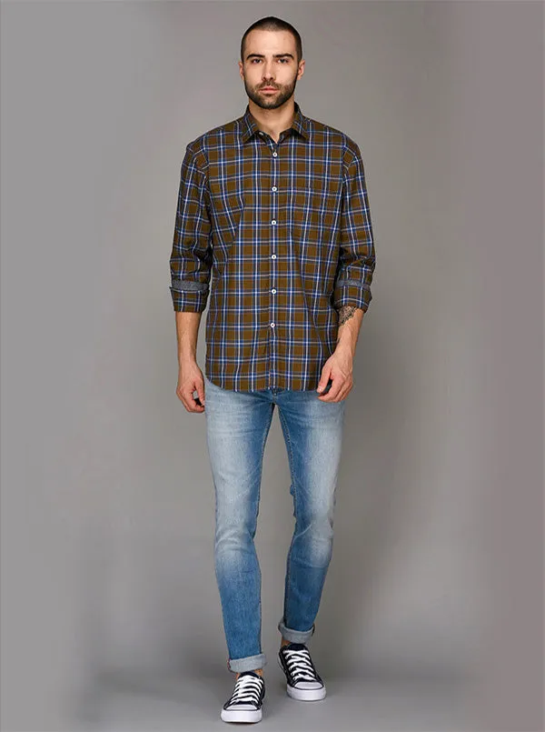 Brown & Blue Checked Slim Fit Casual Shirt | JadeBlue