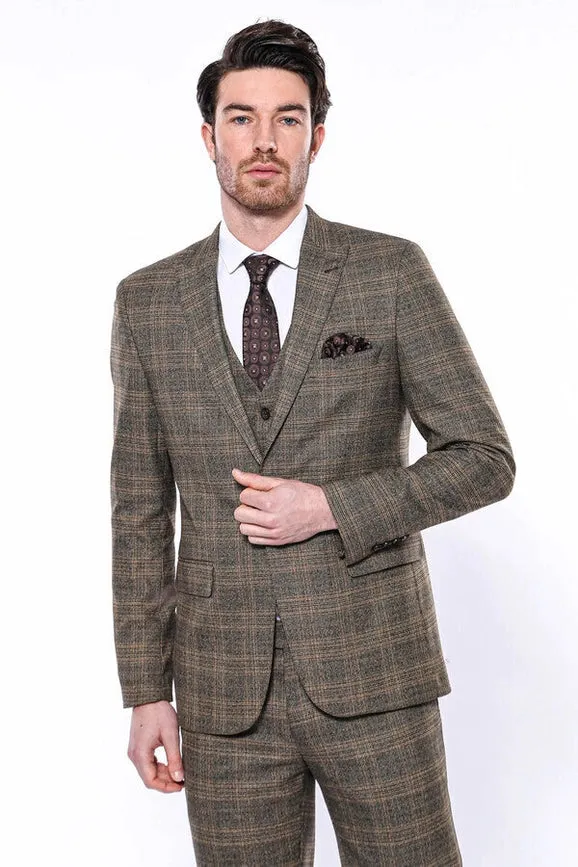 Checked Slim-Fit Brown Men Blazer