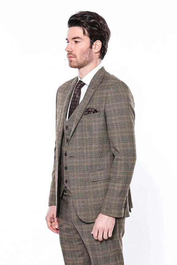 Checked Slim-Fit Brown Men Blazer