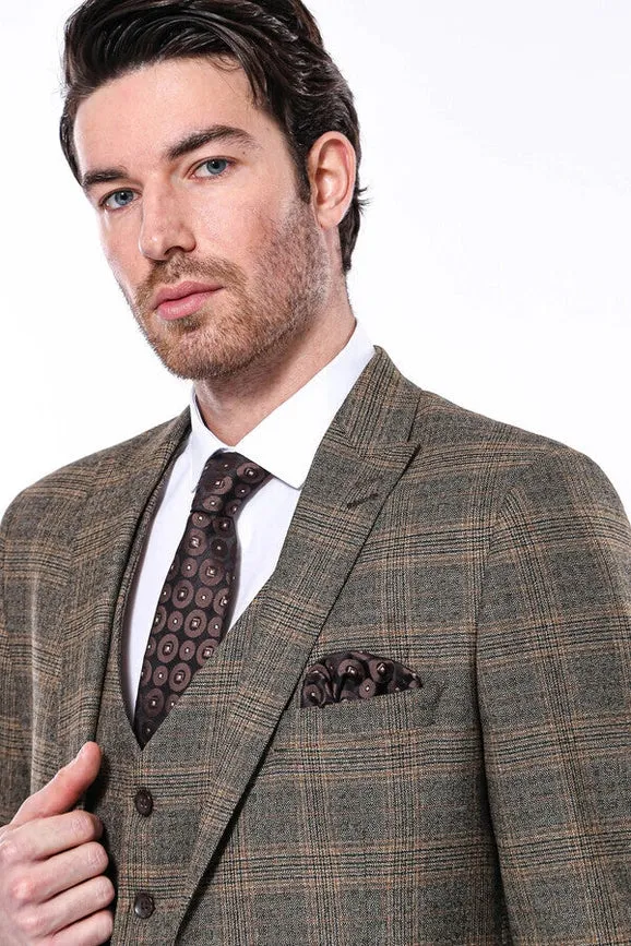 Checked Slim-Fit Brown Men Blazer