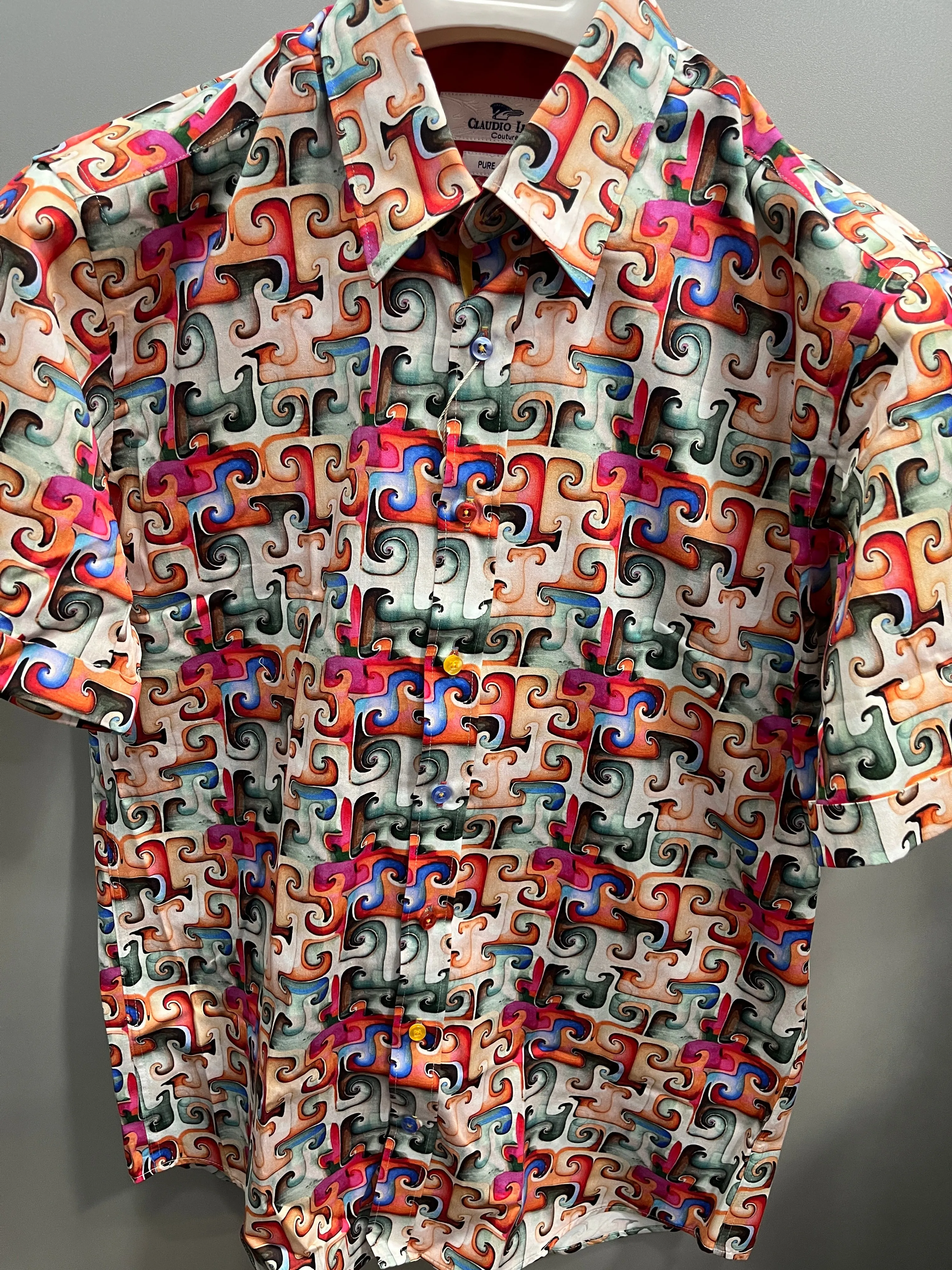 Claudio Lugli Jigsaw Swirl Short Sleeve Mens Shirt - Red - Cp6474
