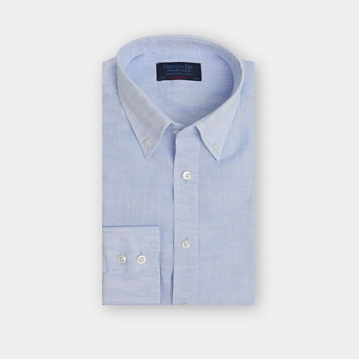 Contemporary Fit, Button Down Collar, 2 Button Cuff Shirt in Sky Blue Linen