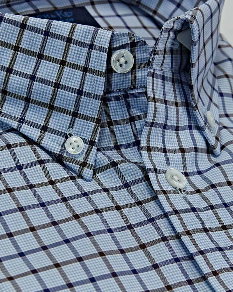 Contemporary Fit, Button Down Collar, Two Button Cuff Shirt In Blue & White With Brown & Navy Overcheck
