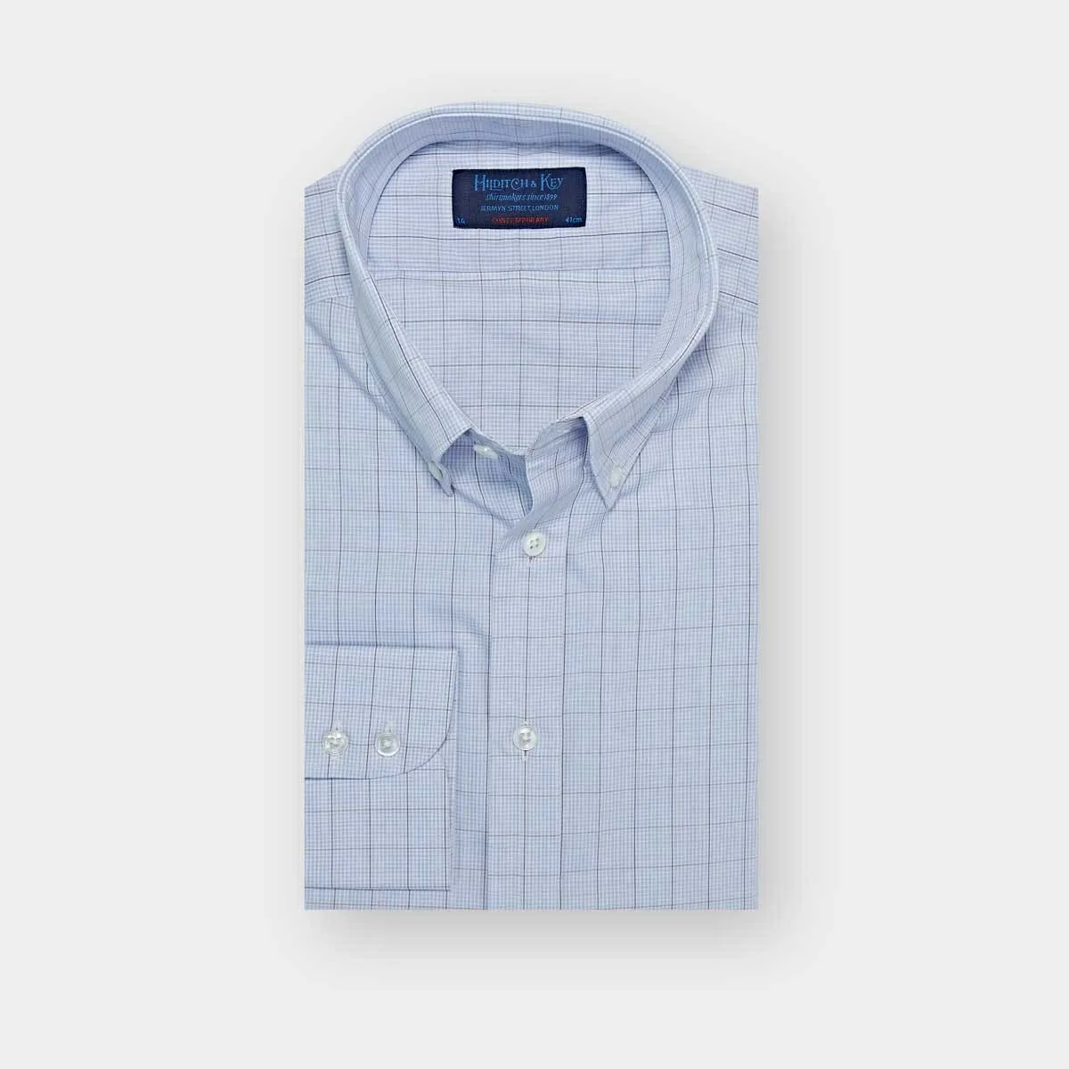 Contemporary Fit, Button Down Collar, Two Button Cuff Shirt In White & Blue With Navy Micro Overcheck