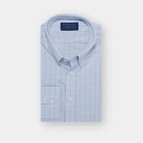Contemporary Fit, Button Down Collar, Two Button Cuff Shirt In White & Blue With Navy Micro Overcheck