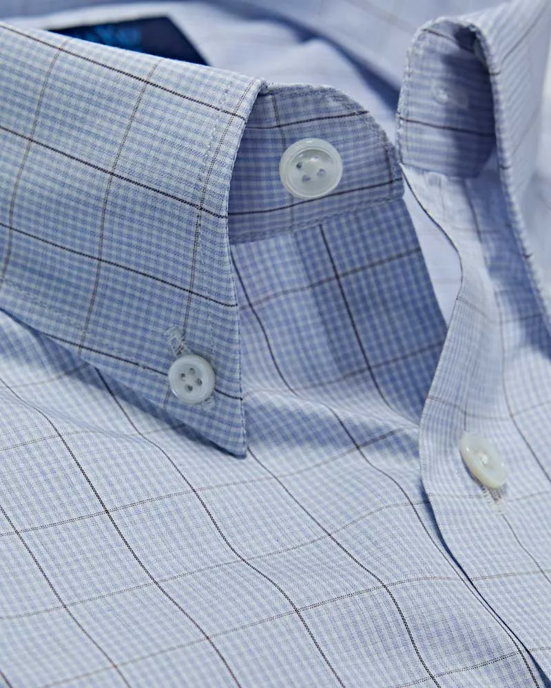 Contemporary Fit, Button Down Collar, Two Button Cuff Shirt In White & Blue With Navy Micro Overcheck