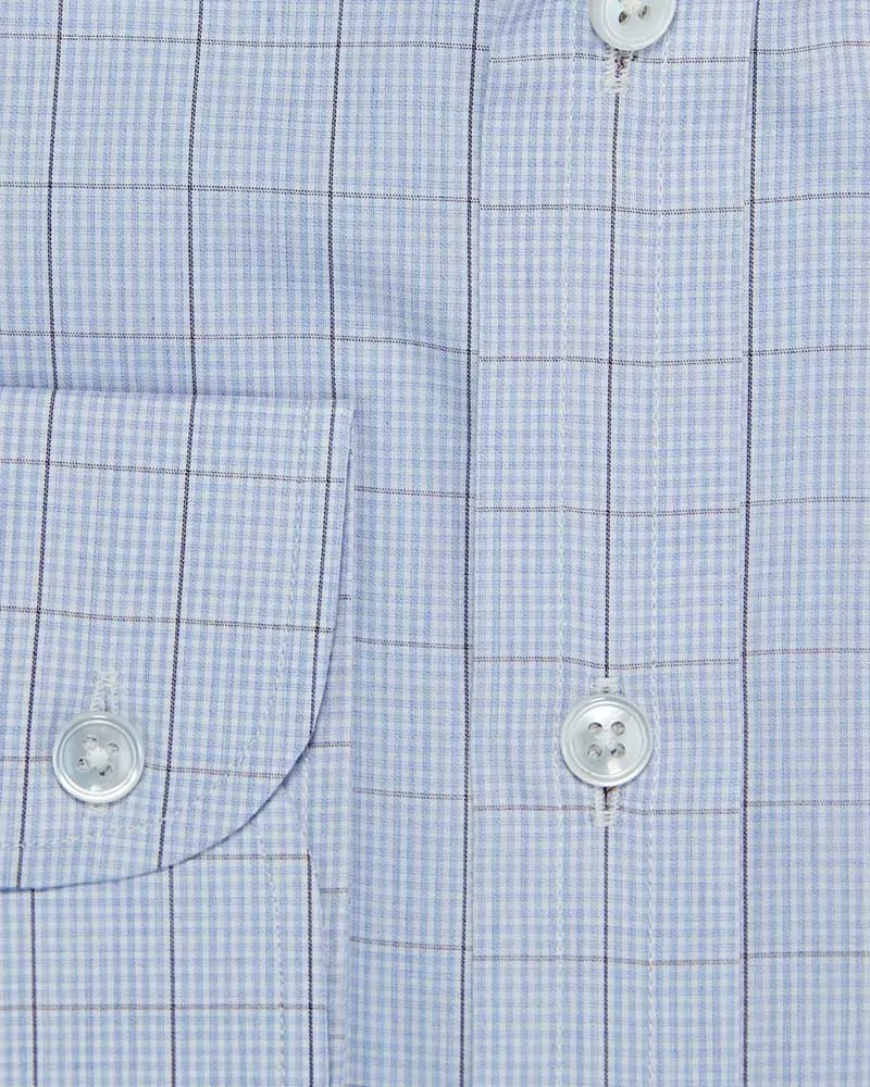 Contemporary Fit, Button Down Collar, Two Button Cuff Shirt In White & Blue With Navy Micro Overcheck