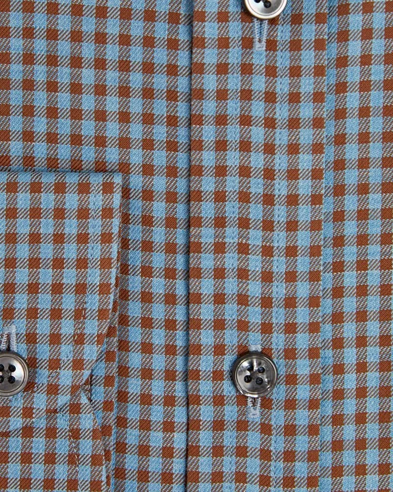 Contemporary Fit, Cut-away Collar, 2 Button Cuff Shirt In Brown & Blue Check