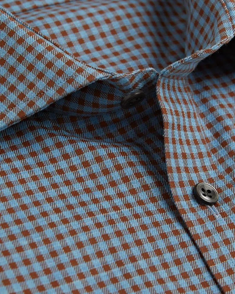 Contemporary Fit, Cut-away Collar, 2 Button Cuff Shirt In Brown & Blue Check