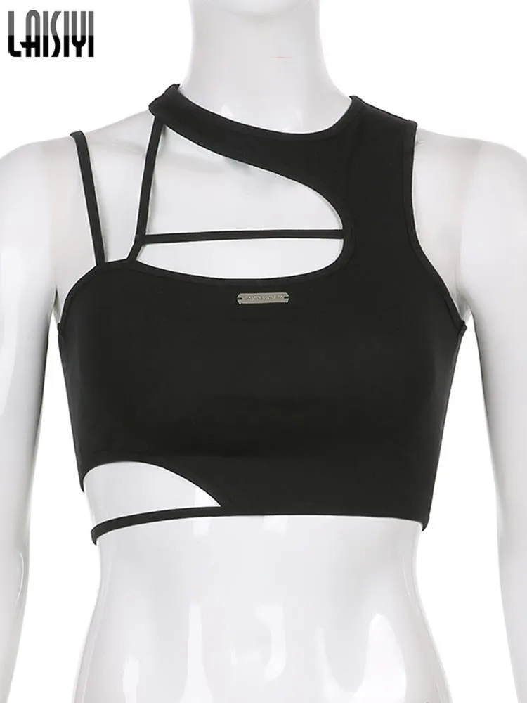 Crop Top Women Hollow Out Black Blouses Sleeveless Skinny Cool Punk T Shirts