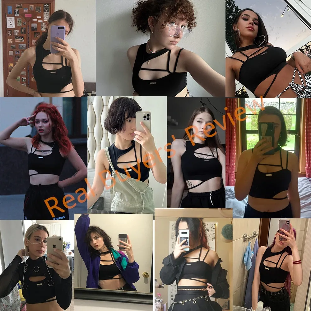 Crop Top Women Hollow Out Black Blouses Sleeveless Skinny Cool Punk T Shirts