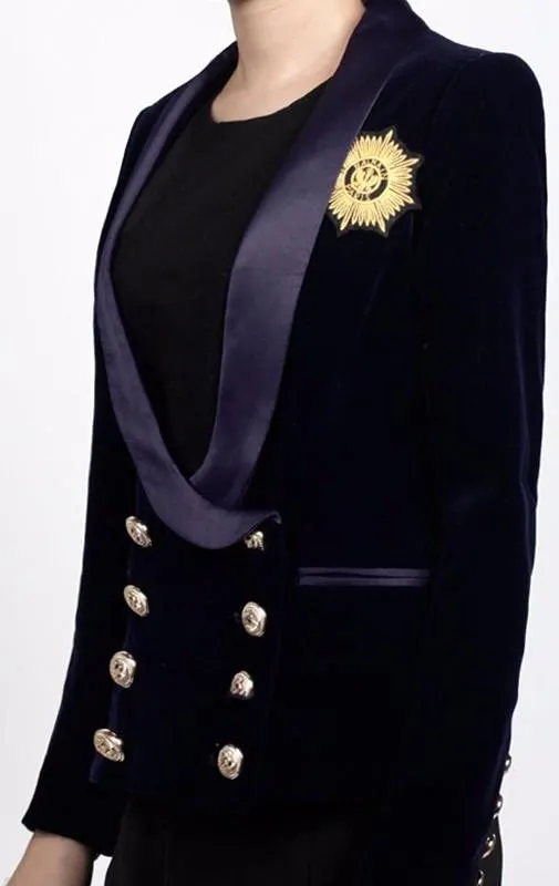 Double-Breasted Velour Badge Embroidered Blazer
