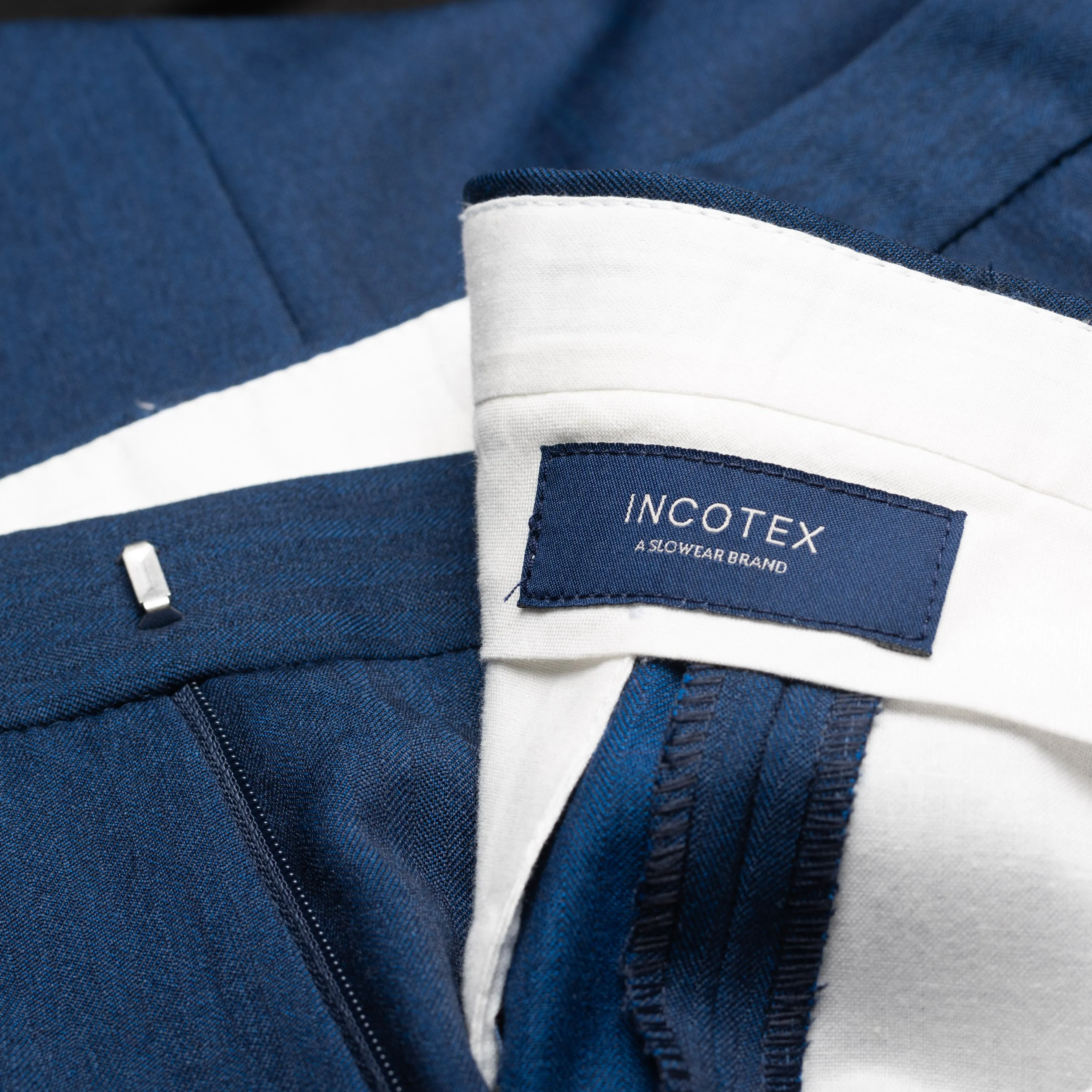 INCOTEX (Slowear) Blue Herringbone Wool Flat Front Pants NEW Slim Fit