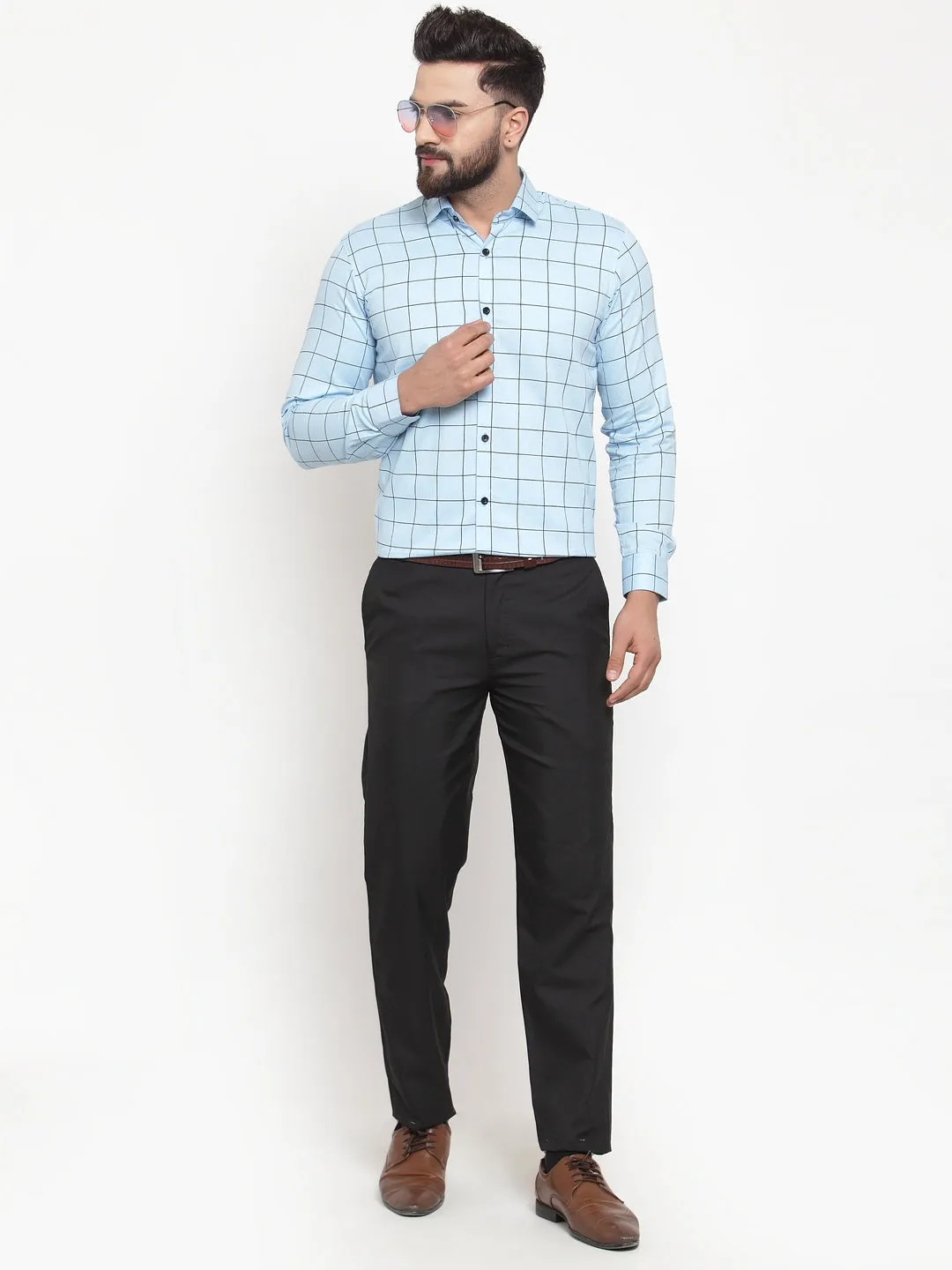 Jashvi Blue Men's Cotton Checked Formal Shirts