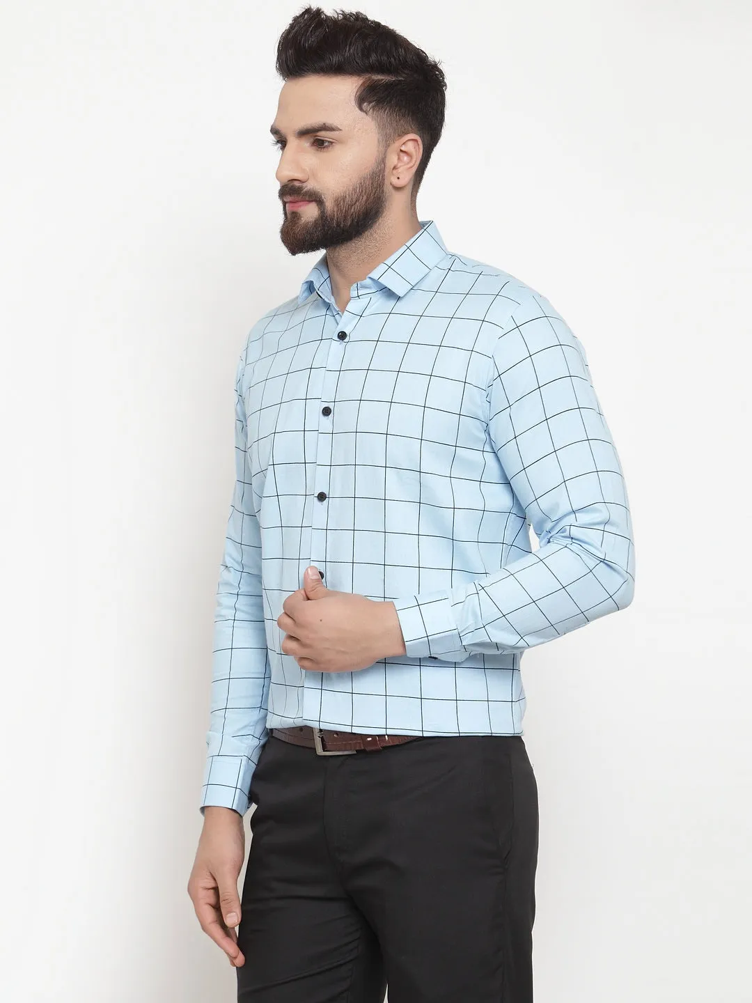 Jashvi Blue Men's Cotton Checked Formal Shirts