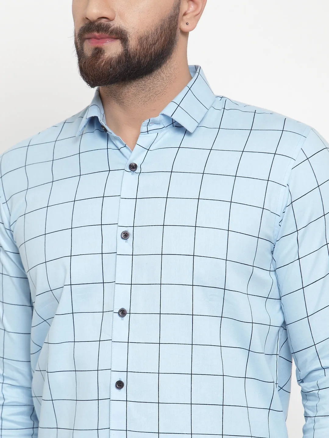 Jashvi Blue Men's Cotton Checked Formal Shirts