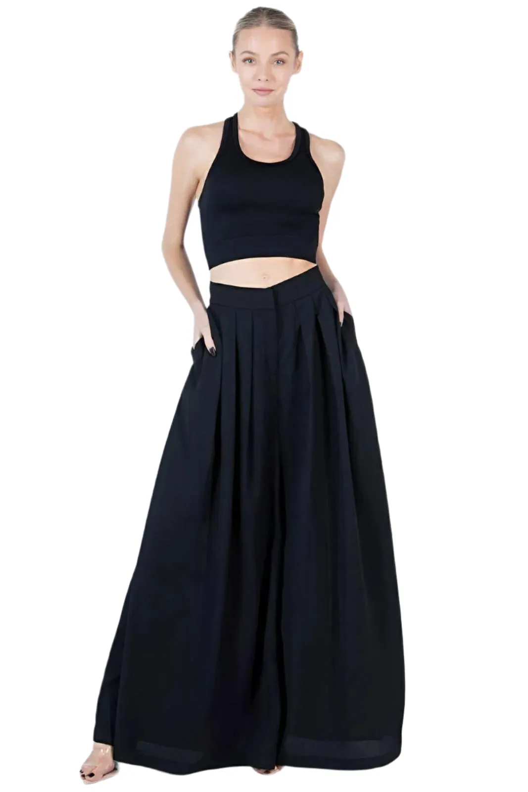 Large Hem Wide Leg Pleated Solid Pants