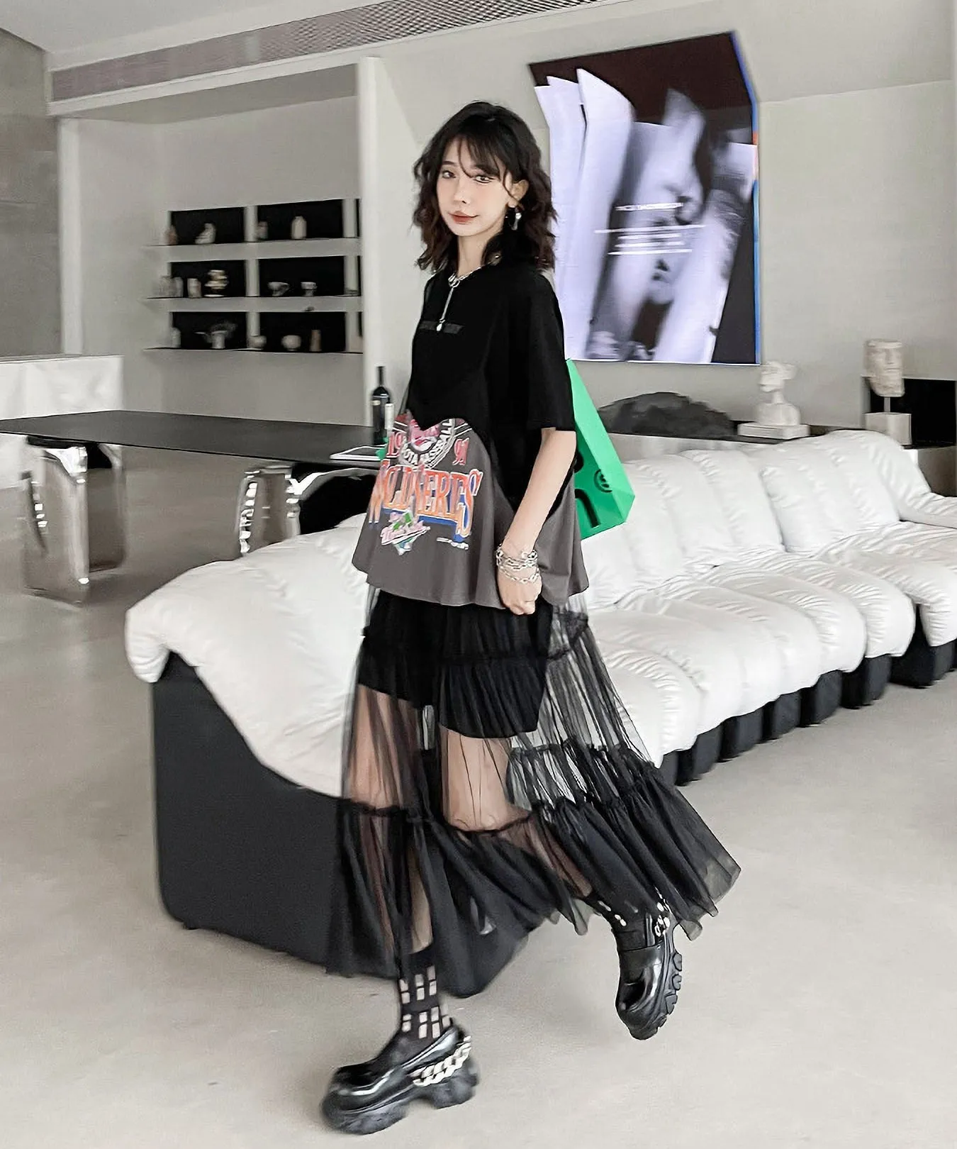 Loose T-shirts & Mesh Dress Co-ord