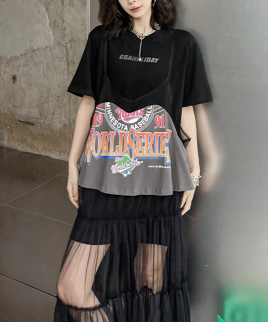 Loose T-shirts & Mesh Dress Co-ord