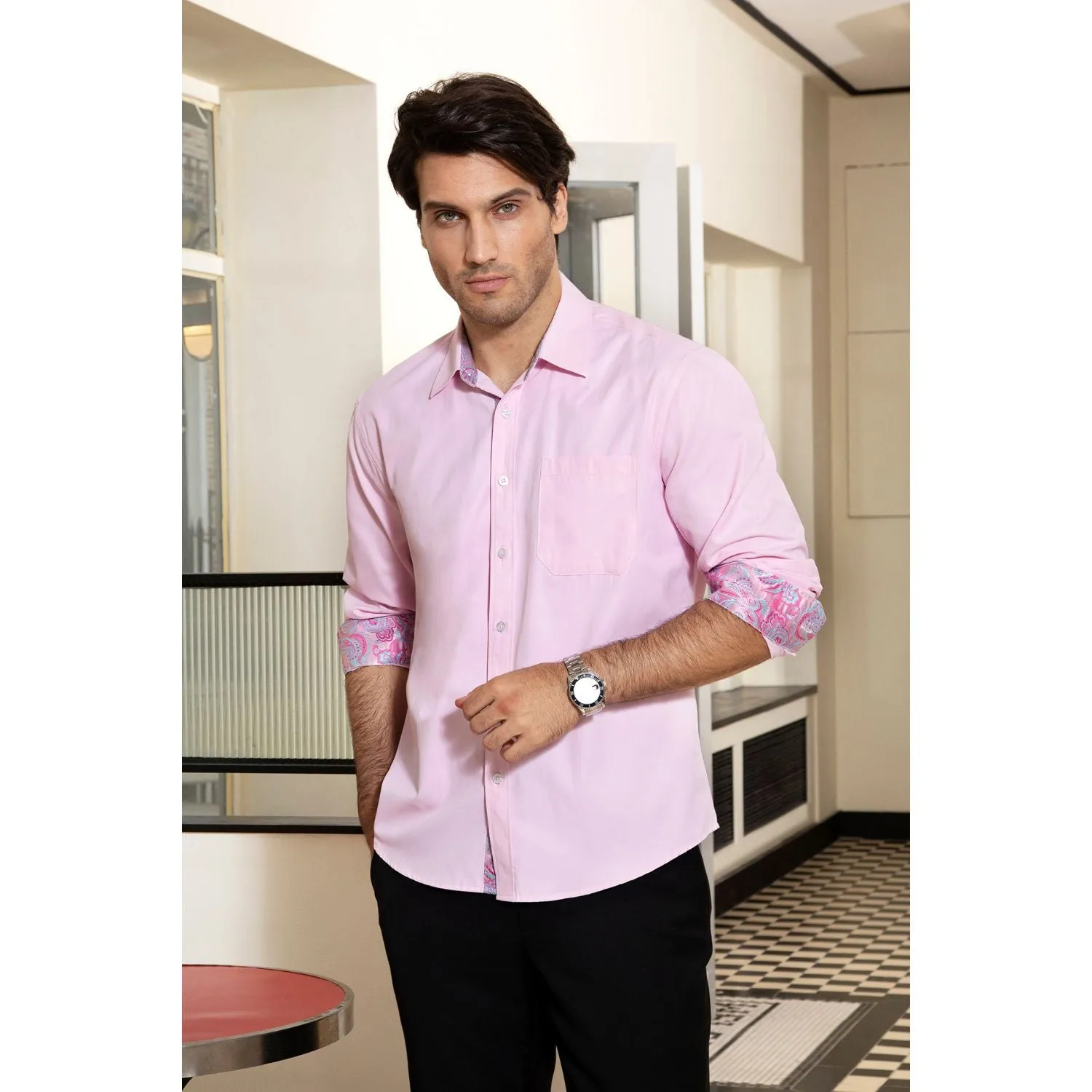 Men's Patchwork Dress Shirt with Pocket - PINK/PAISLEY