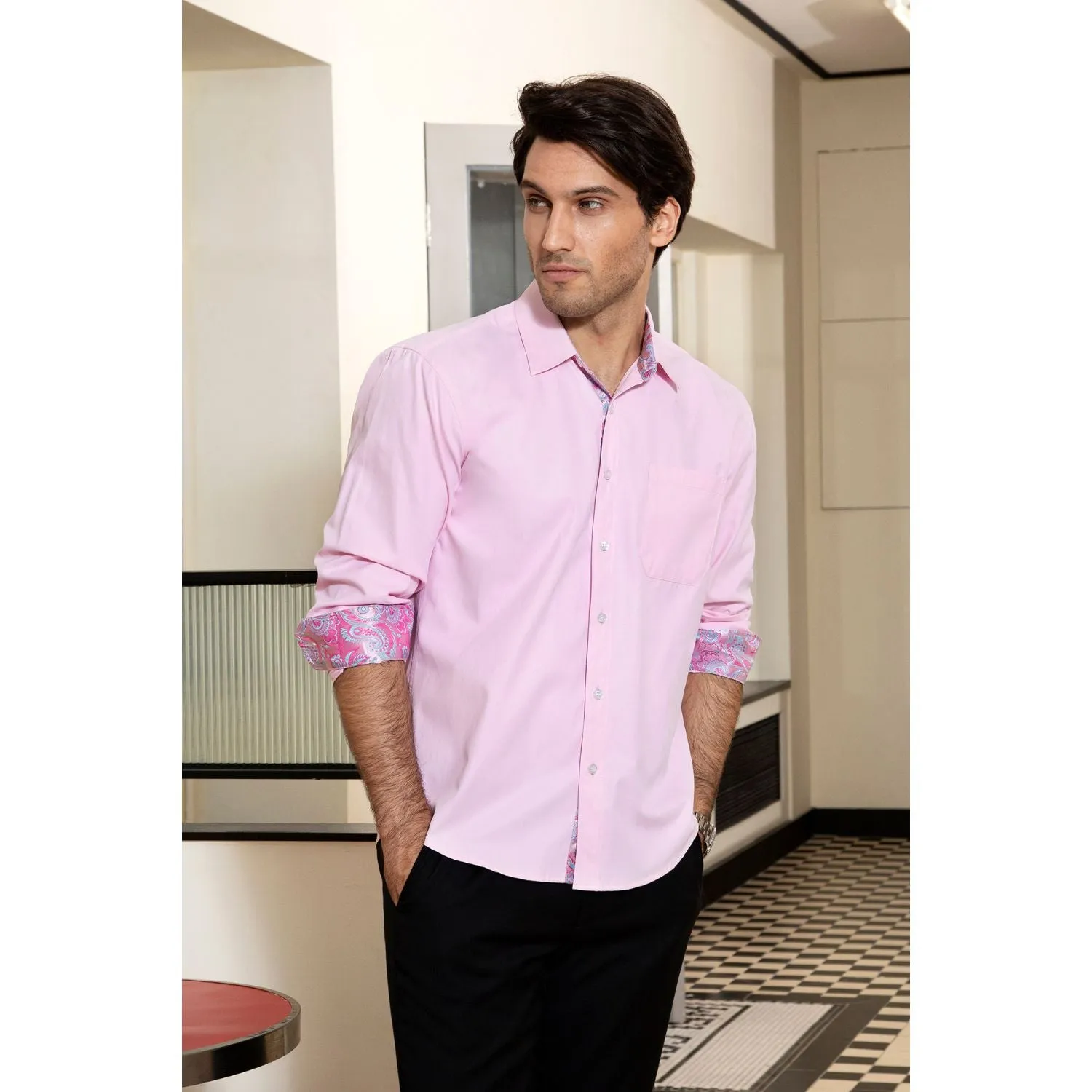 Men's Patchwork Dress Shirt with Pocket - PINK/PAISLEY