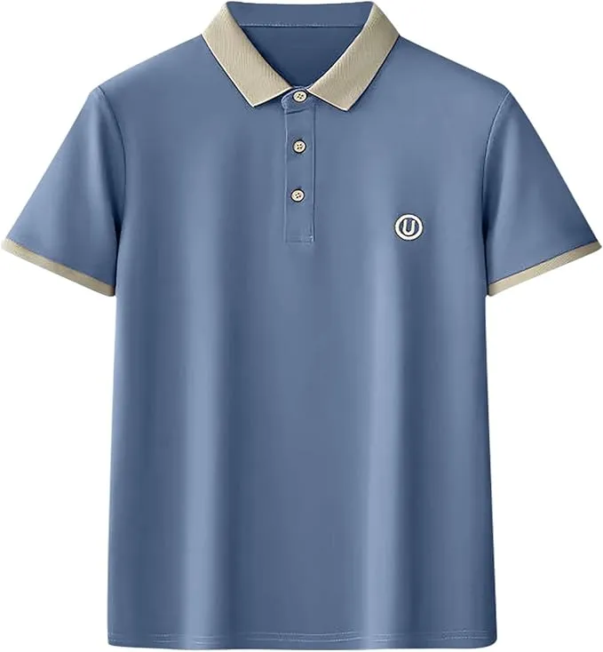 Mens T-shirts Button Down Lapel Tops Letter Short Sleeve Casual Dress