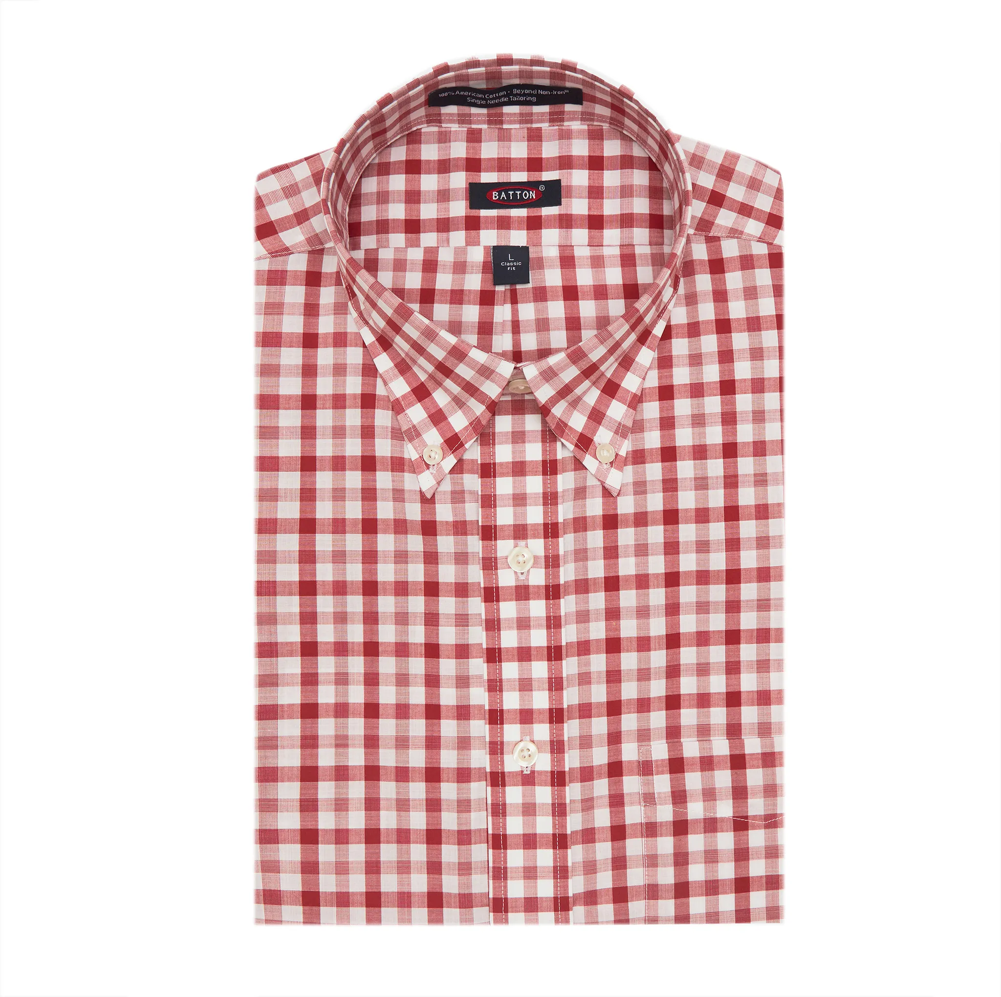 'Nathan' Red and White Plaid Long Sleeve Beyond Non-Iron® Cotton Sport Shirt (Size Large) by Batton