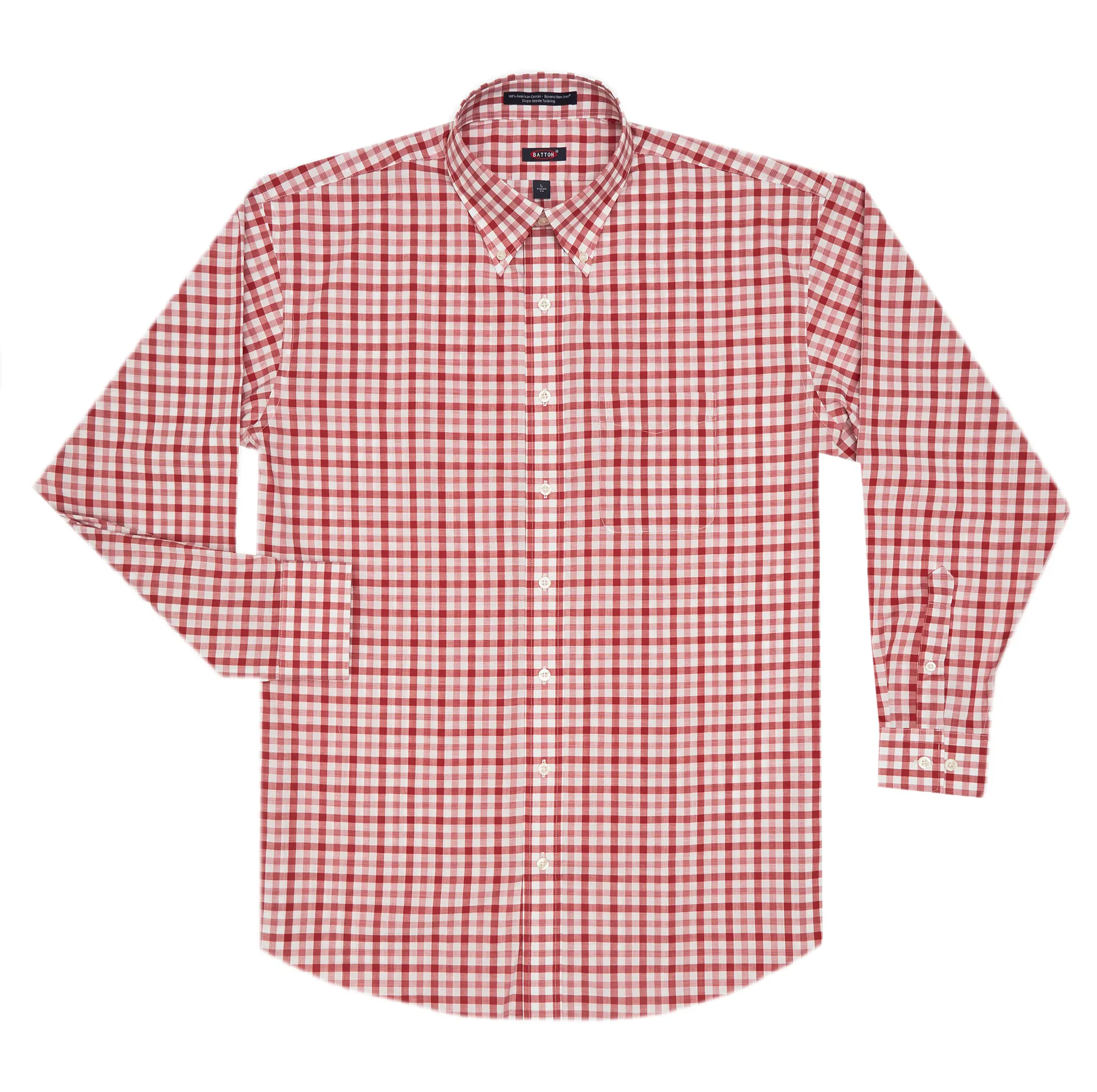 'Nathan' Red and White Plaid Long Sleeve Beyond Non-Iron® Cotton Sport Shirt (Size Large) by Batton
