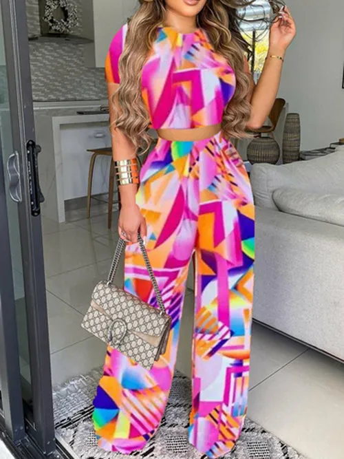 O Neck T-shirt &Wide Leg Pants Two-piece Geometric Print Outfits