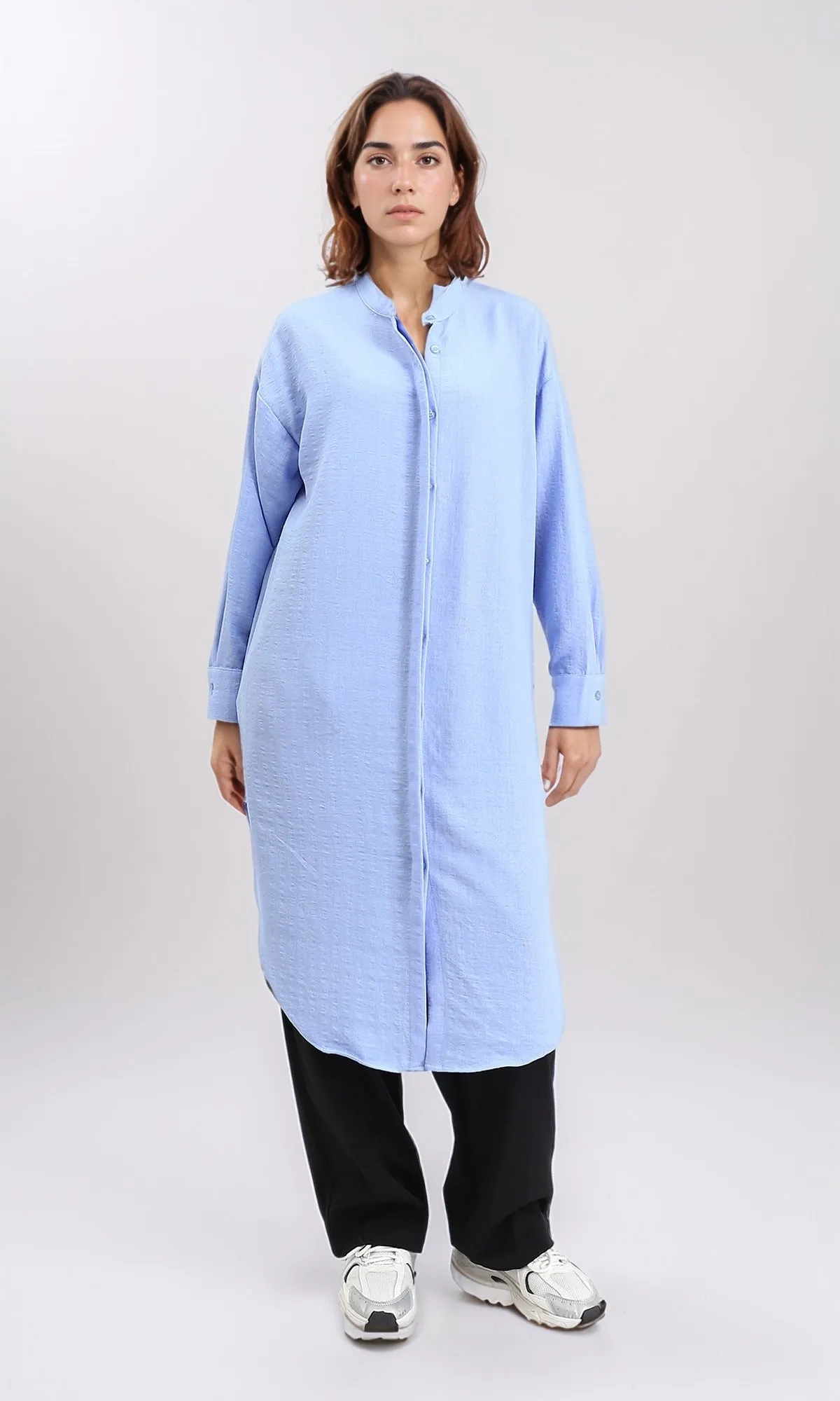 R208123 - Mandarin Collar Textured Long Shirt - Baby Blue