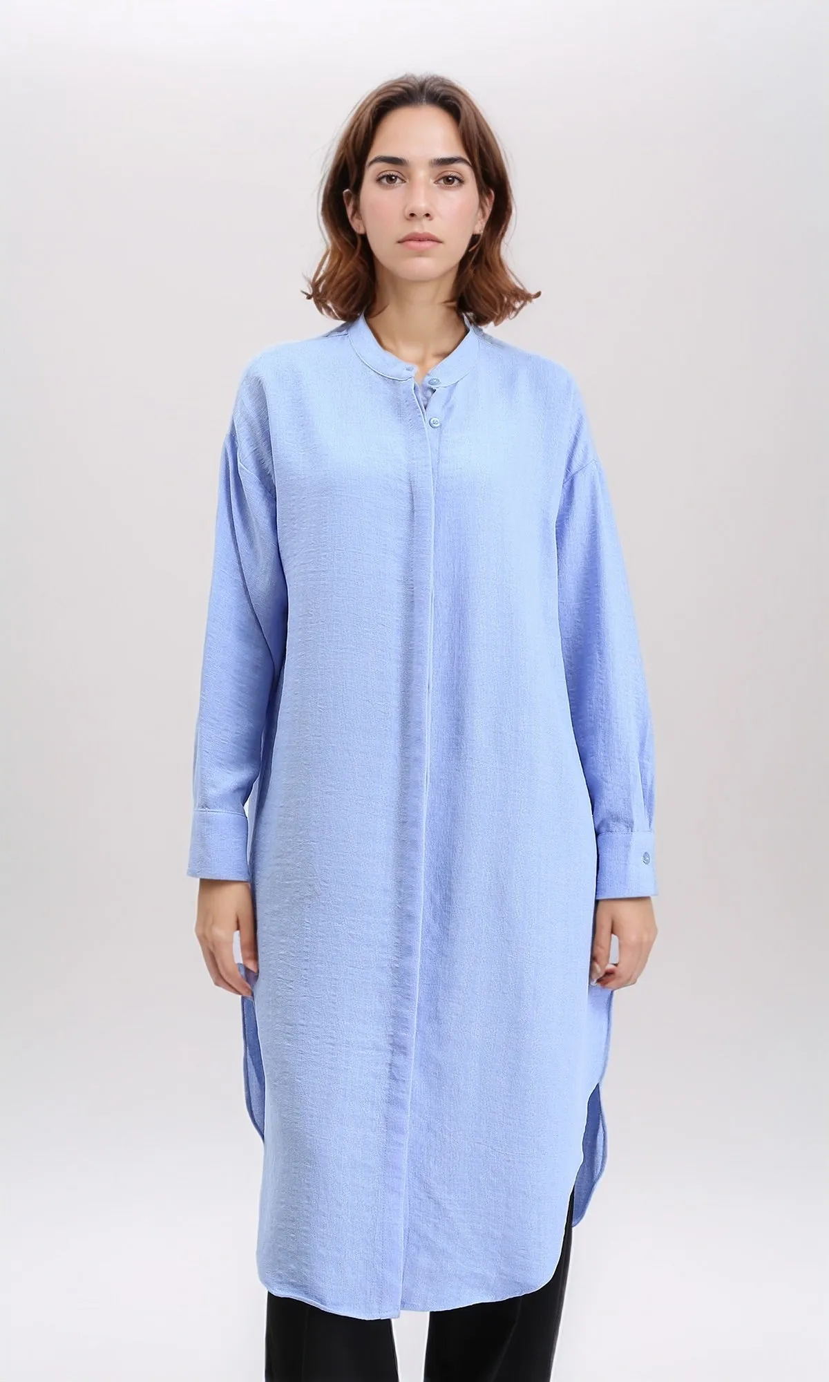 R208123 - Mandarin Collar Textured Long Shirt - Baby Blue