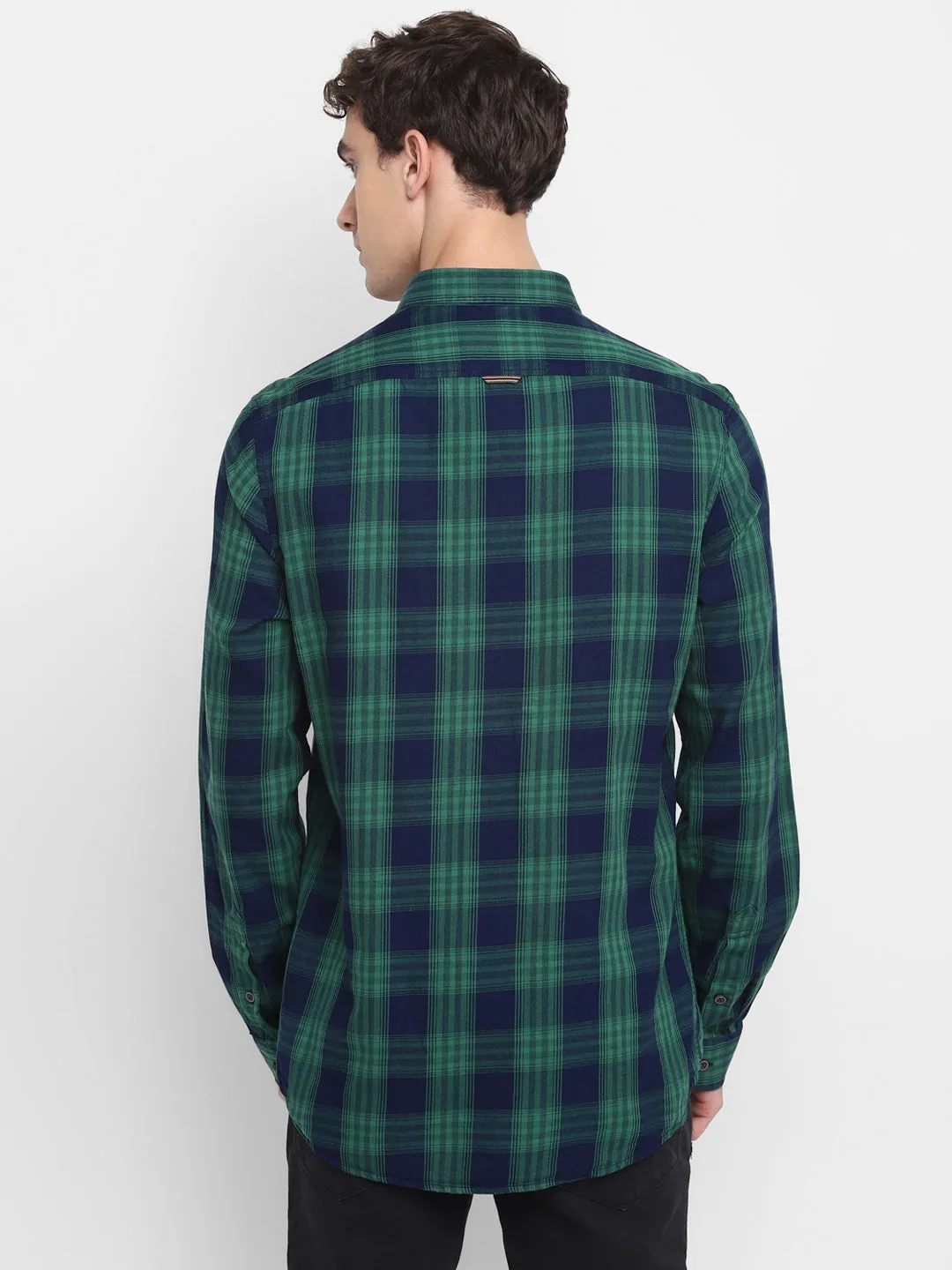 Turtle Men Green Cotton Checked Slim Fit Shirts
